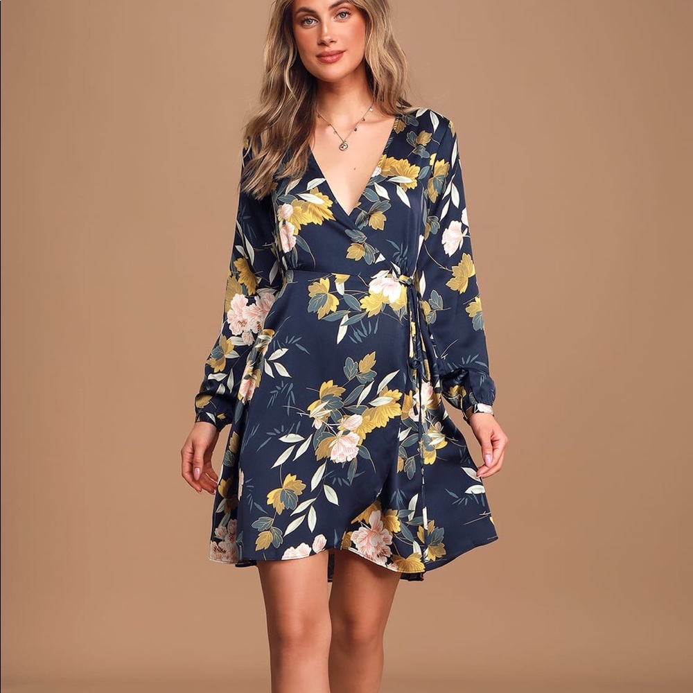 Navy Blue Floral Satin Wrap Dress